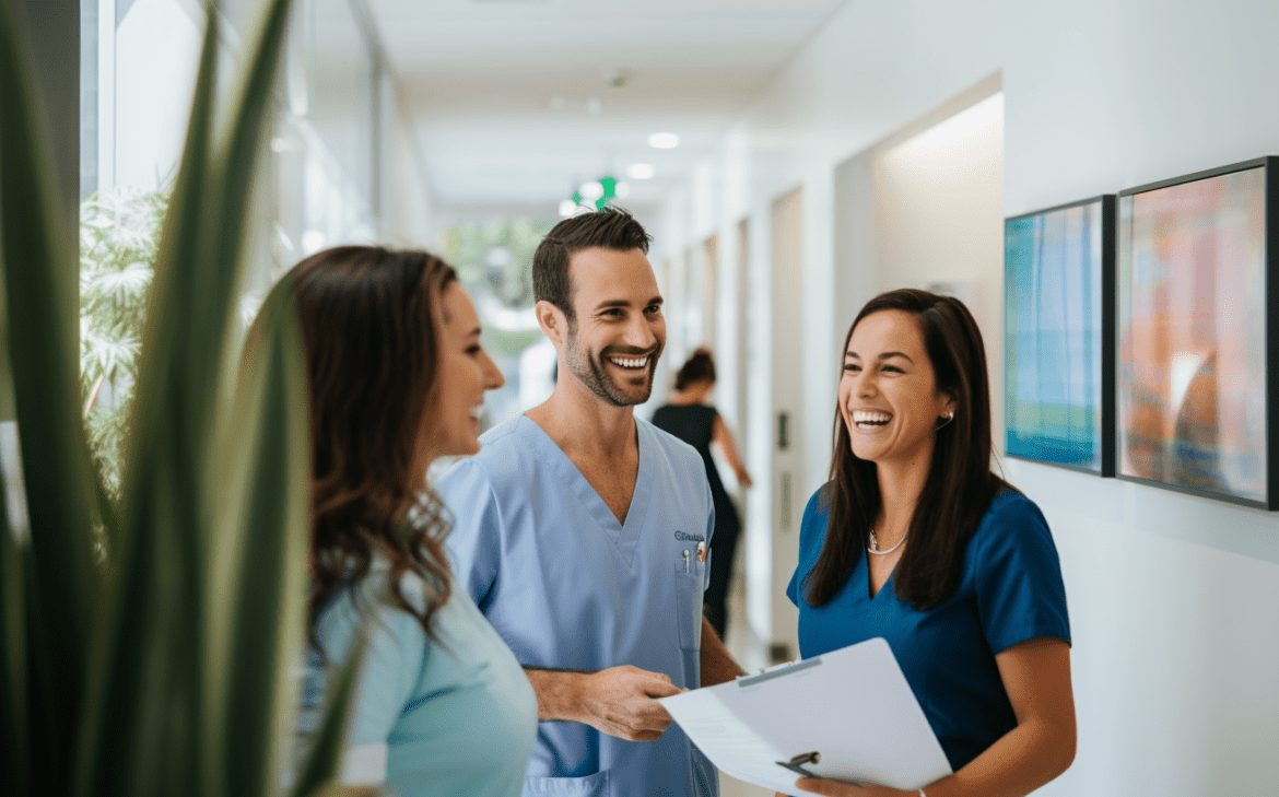 medical staff and patient smiling